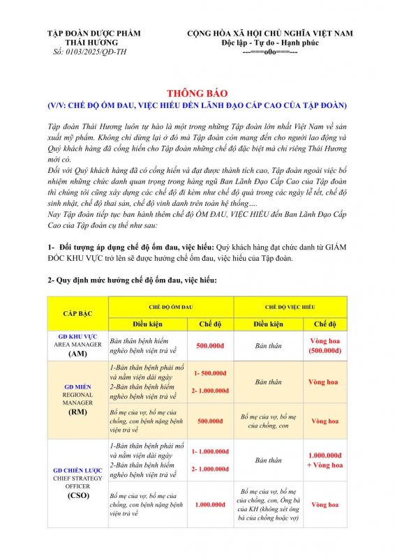 Thông báo chế độ đau ốm, việc hiếu đến lãnh đạo cấp cao của tập đoàn